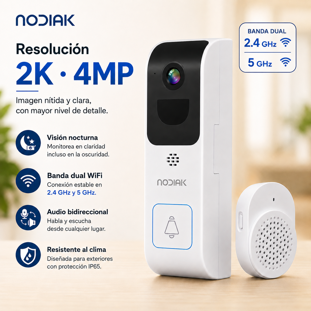 Timbre WiFi con Cámara 2K/4MP | Nodiak